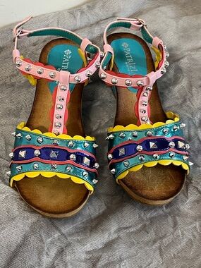 NWOB Patrizia Multicolor Studded Leather Wedge Sandals Size 7.5 US 38 UK